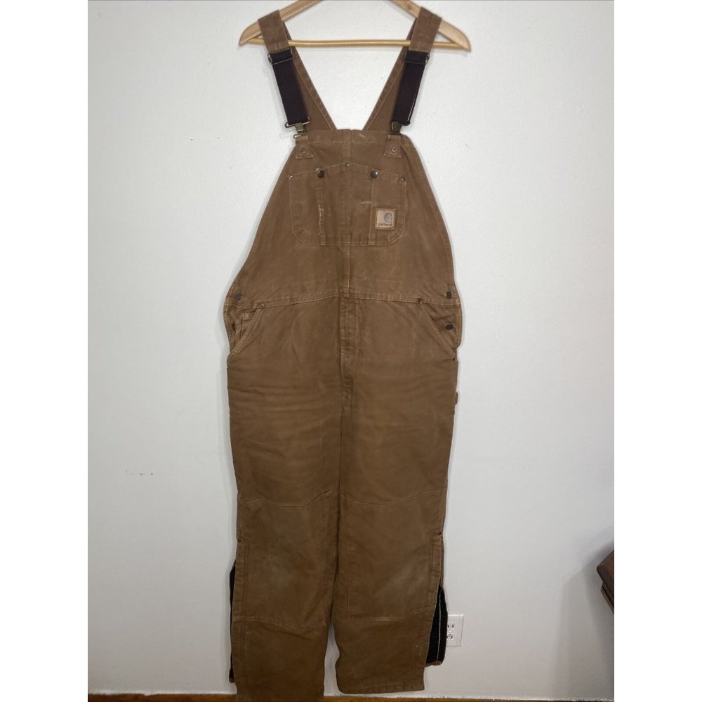 Carhartt Duck Bib Quilted Overalls Tan Brown 44 x 32 USA Double Knee Lined